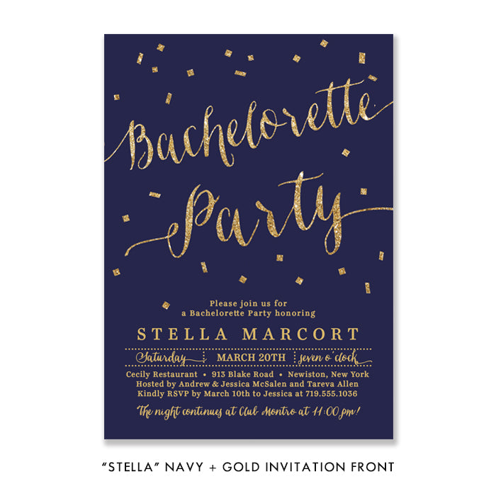"Stella" Navy + Gold Bachelorette Party Invitation