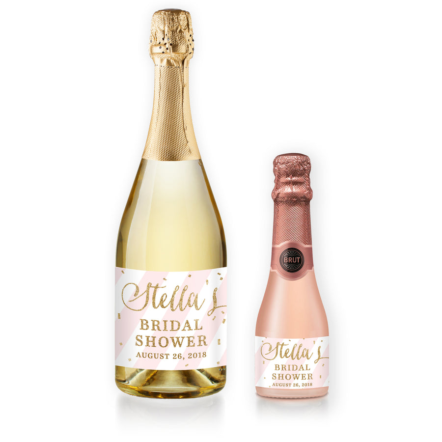"Stella" Pink Stripe + Gold Bridal Shower Champagne Labels