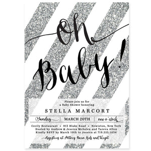 "Stella" Silver Glitter Stripe Baby Shower Invitation