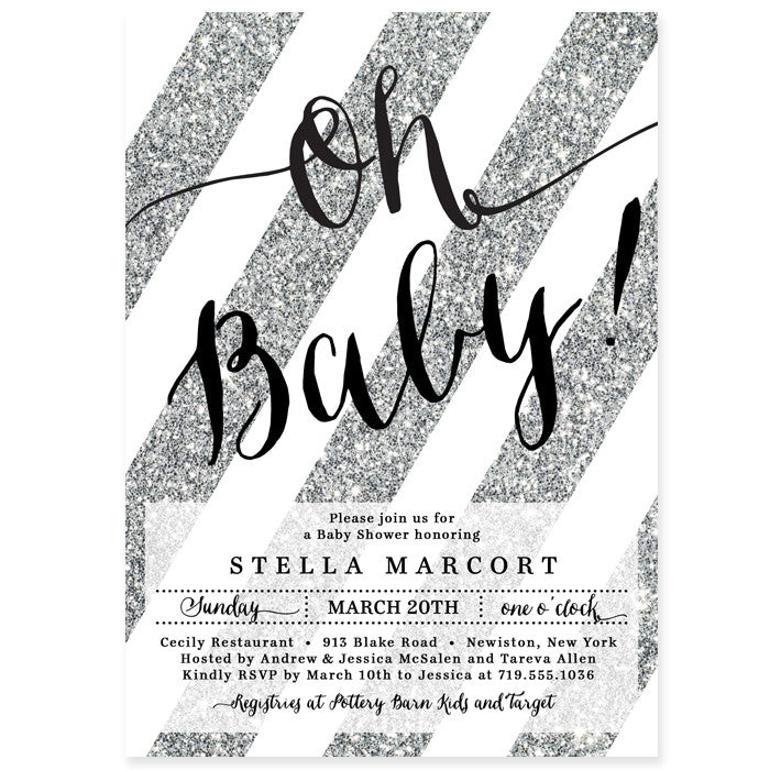 "Stella" Silver Glitter Stripe Baby Shower Invitation