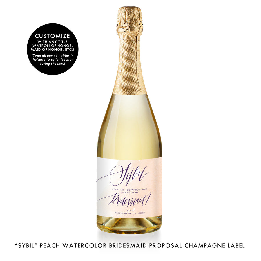 "Sybil" Peach Watercolor Bridesmaid Proposal Champagne Labels