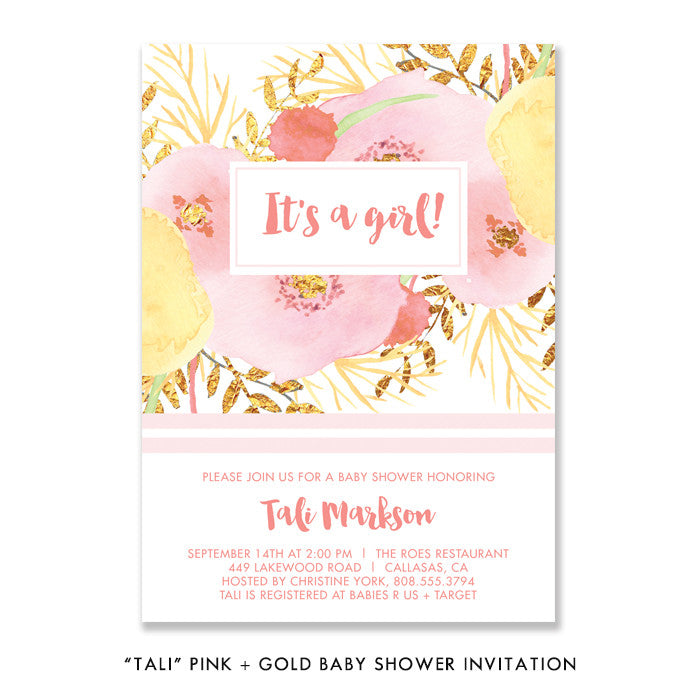 "Tali" Pink + Gold Baby Shower Invitation