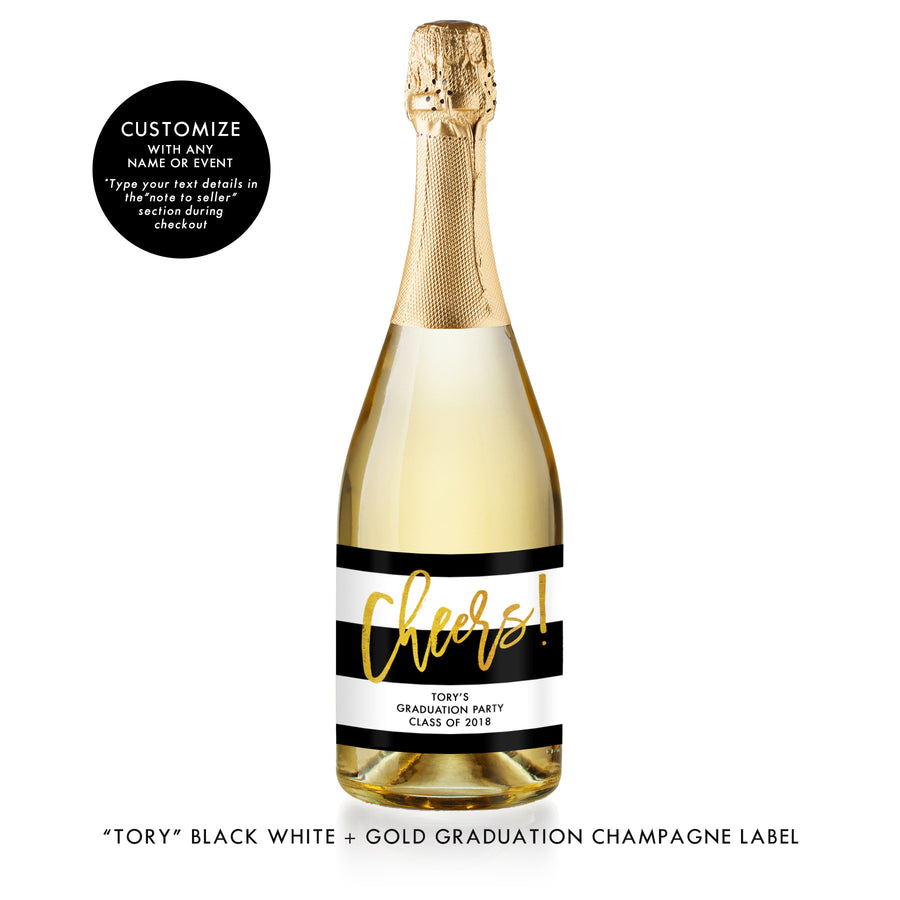 "Tory" Black White + Gold Stripe Graduation Champagne Labels