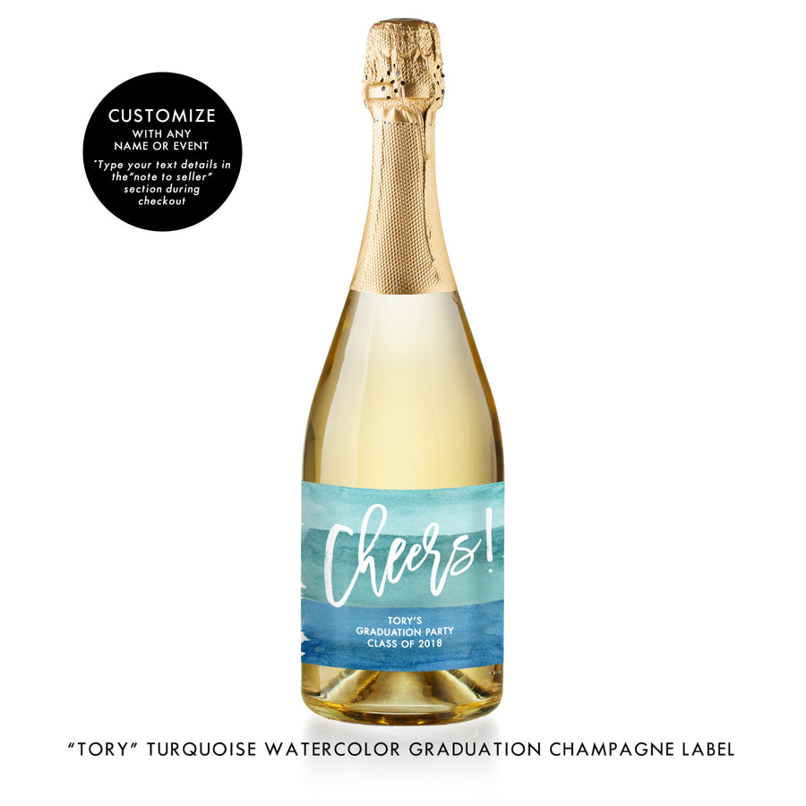 "Tory" Turquoise Watercolor Graduation Champagne Labels