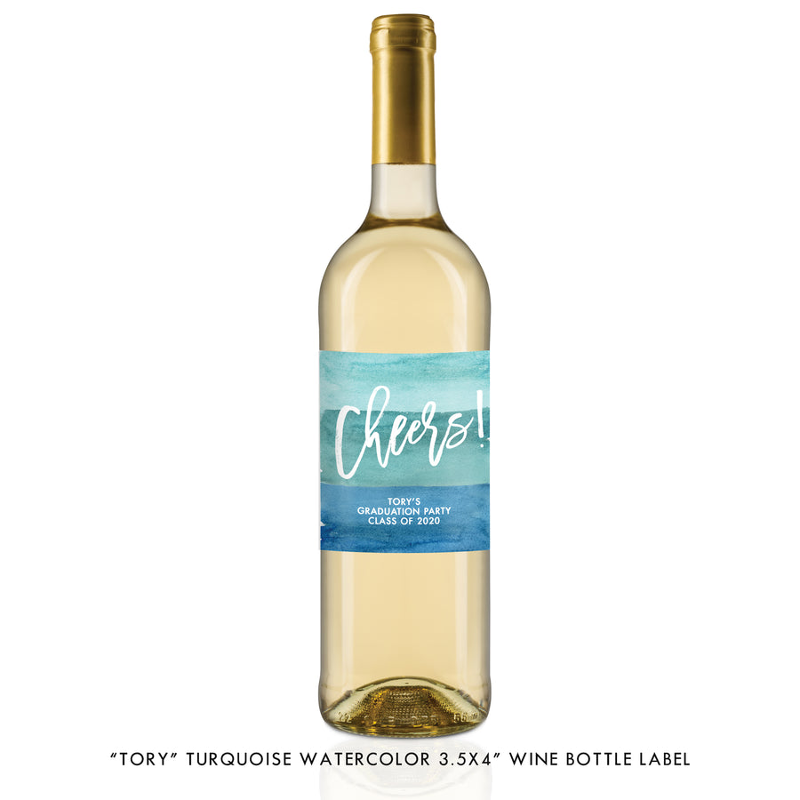 "Tory" Turquoise Watercolor Graduation Wine Labels