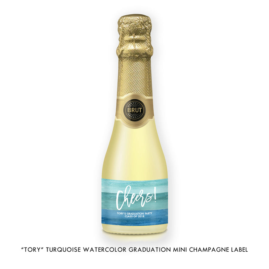 "Tory" Turquoise Watercolor Graduation Champagne Labels