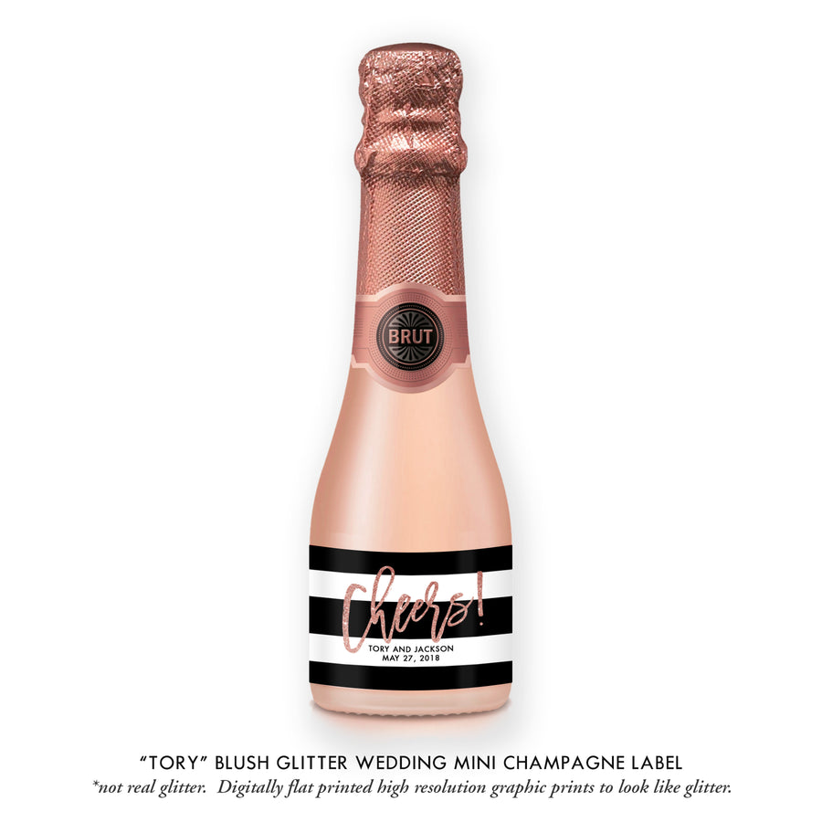"Tory" Blush Glitter Wedding Champagne Labels