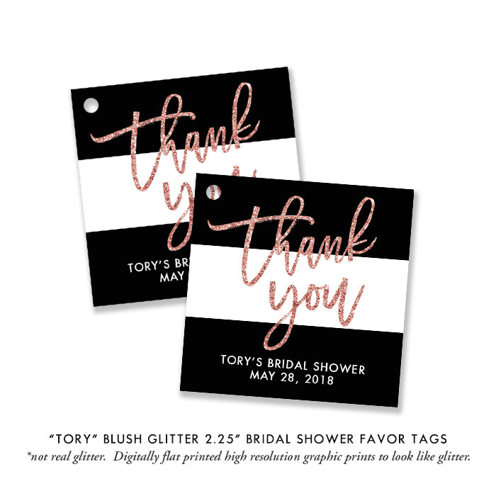 Glam Blush Pink Bridal Shower Invitation featuring a chic glitter look and elegant black and white stripes.