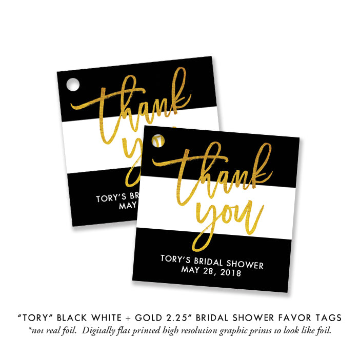 Chic Black White and Gold Bridal Shower Invitations, featuring a gold glitter look and black and white stripes.