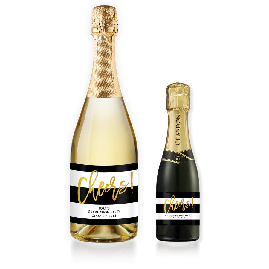 "Tory" Black White + Gold Stripe Graduation Champagne Labels