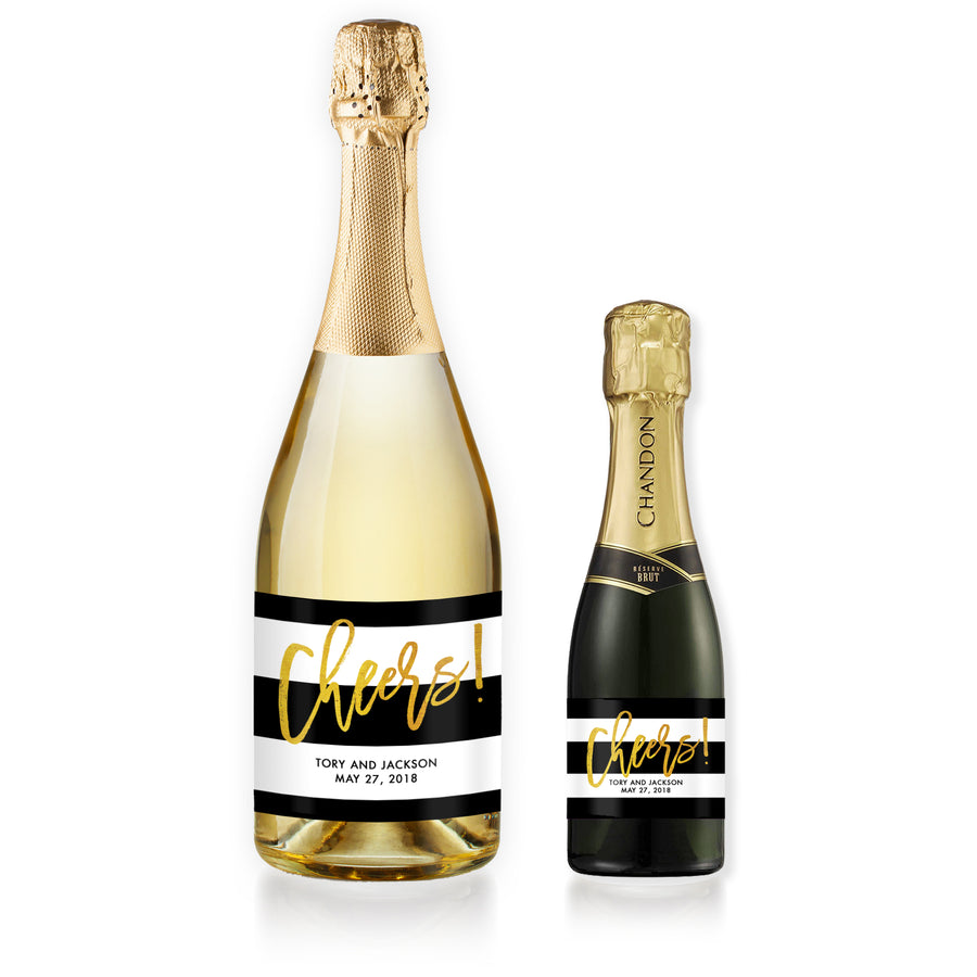 "Tory" Black White + Gold Wedding Champagne Labels