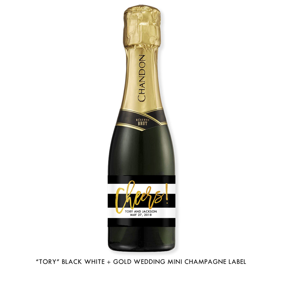 "Tory" Black White + Gold Wedding Champagne Labels