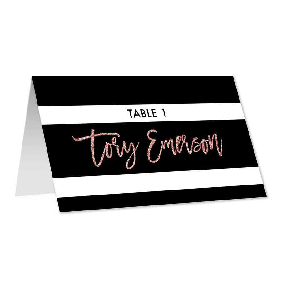 Black + White Striped Place Cards with Blush Glitter | Tory