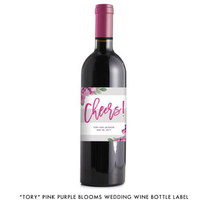 "Tory" Pink + Purple Blooms Wedding Wine Labels
