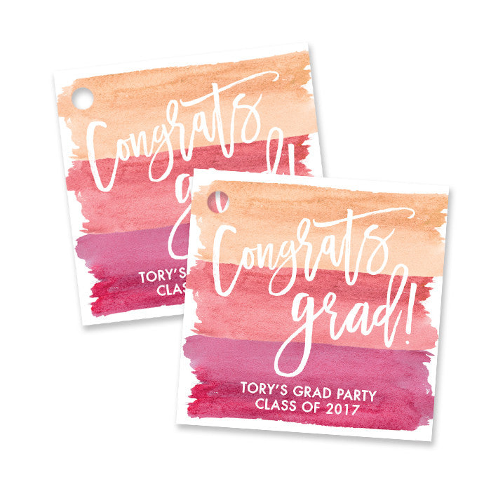 "Tory" Pink Ombre Watercolor Graduation Favor Tags
