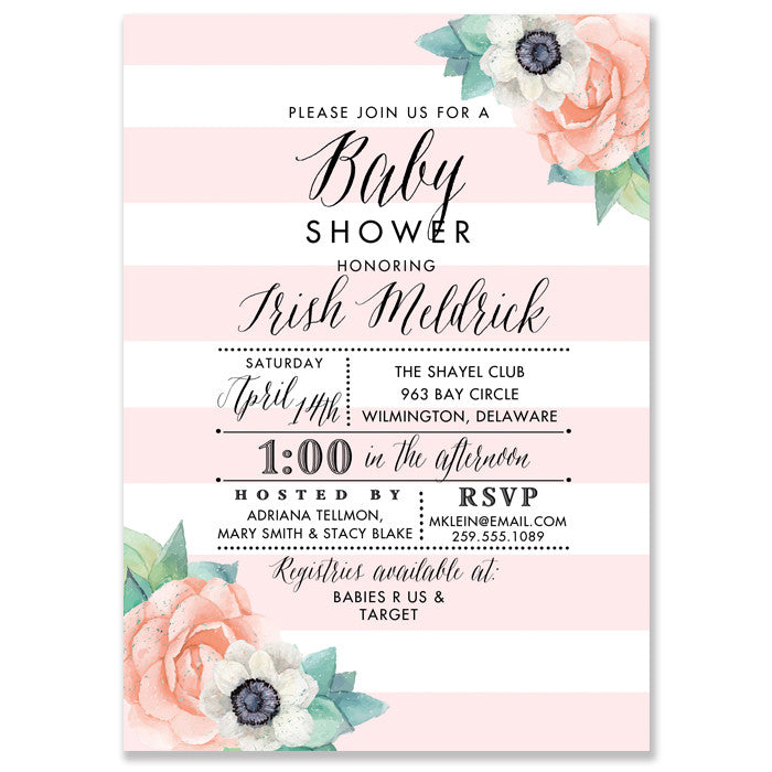 "Trish" Pink Striped + Floral Baby Shower Invitation