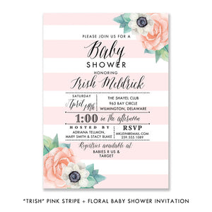 "Trish" Pink Striped + Floral Baby Shower Invitation