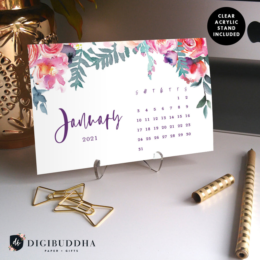 2021 Purple Watercolor Florals Desk Calendar by Digibuddha | Coll. 4