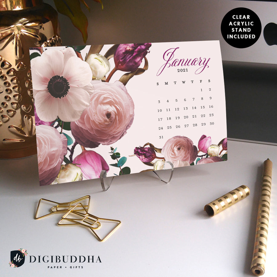 2021 Vintage Purple Floral Desk Calendar by Digibuddha | Coll. 17