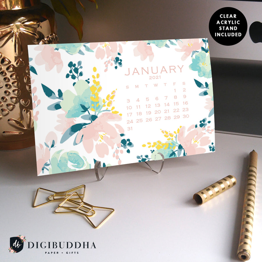 2021 Pink & Mint Floral Desk Calendar by Digibuddha | Coll. 24