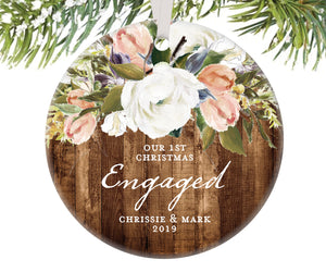 1st Christmas Engaged Rustic Ornament, Personalized | 507