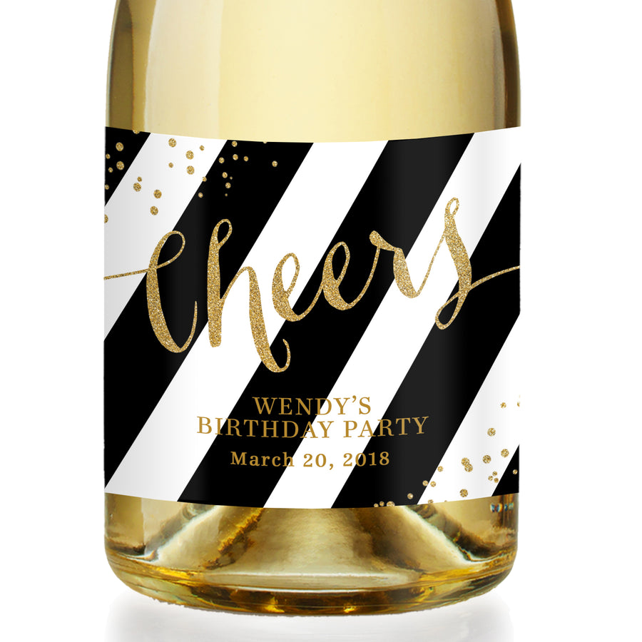 "Wendy" Black + Gold Birthday Party Champagne Labels