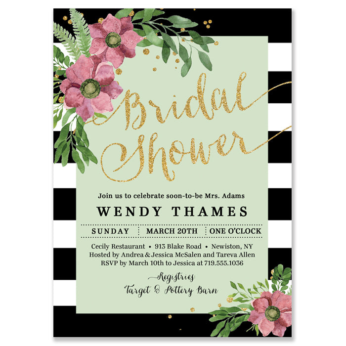 Elegant Black and Mint Floral Bridal Shower Invitation with pink flowers, gold dots, and black and white stripes.