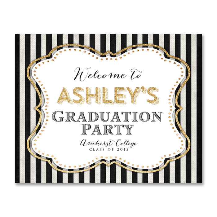 Ashley black and white striped graduation party welcome sign with gold glitter by digibuddha.com
