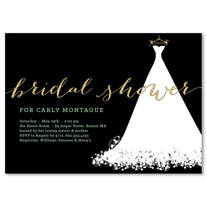 Elegant black and white wedding dress bridal shower invitation with chic black, white, and gold design elements.