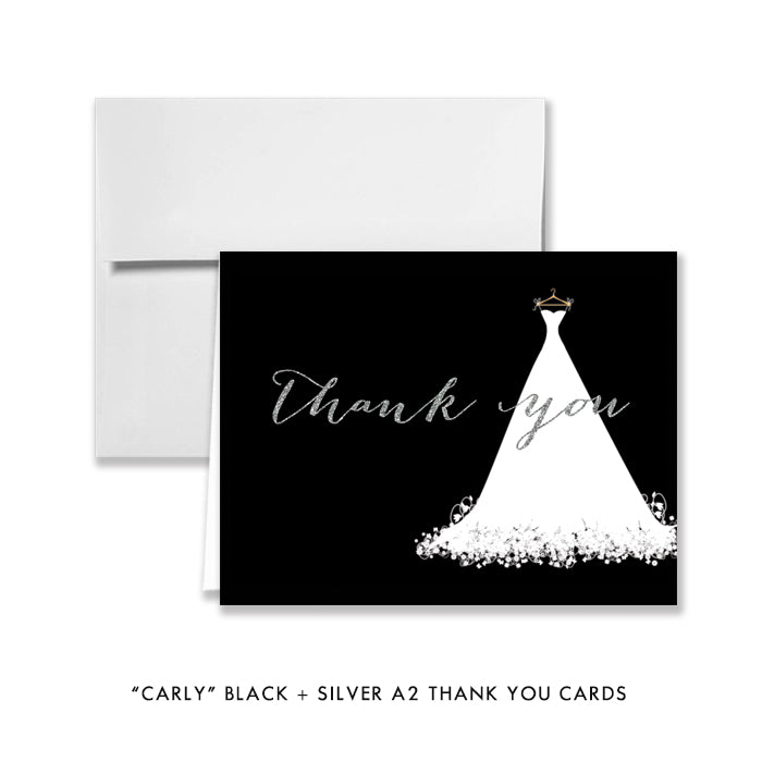 Chic gown black and silver bridal shower invitation with white wedding dress design and modern silver glitter accents.