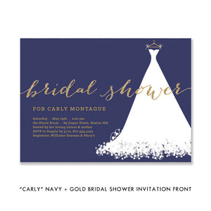 Elegant Wedding Dress Navy Bridal Shower Invitations with Chic White and Gold Accents by Digibuddha