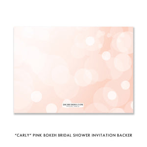 Elegant modern pink bokeh bridal shower invitation with a chic white wedding dress design and pink and gold accents.