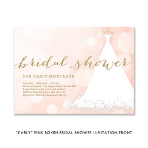 Elegant modern pink bokeh bridal shower invitation with a chic white wedding dress design and pink and gold accents.