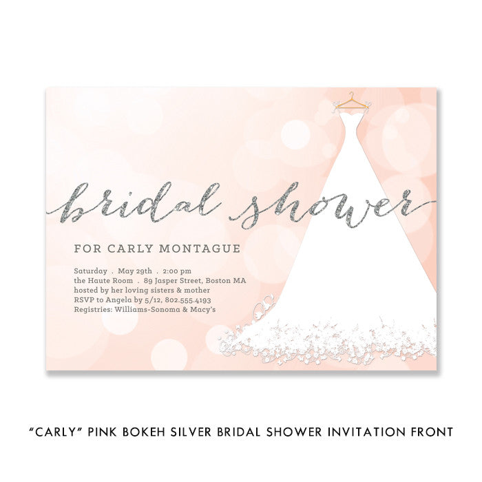Chic pink and silver bridal shower invitation with a white wedding dress design, blush tones, and a silver glitter look.