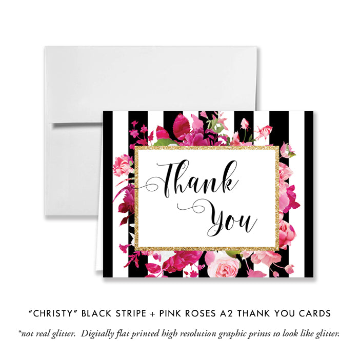 "Christy" Black Stripe + Pink Roses Baby Shower Invitation