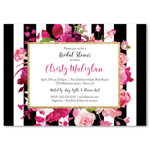 Magenta floral black striped bridal shower invitation featuring pink flowers, elegant gold frame and black and white stripes