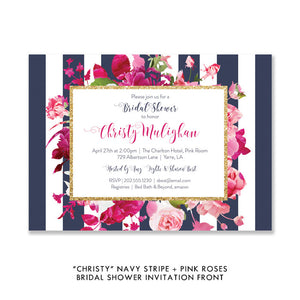 Navy blue and pink bridal shower invitation featuring pink florals, magenta accents, and navy stripes with a gold frame