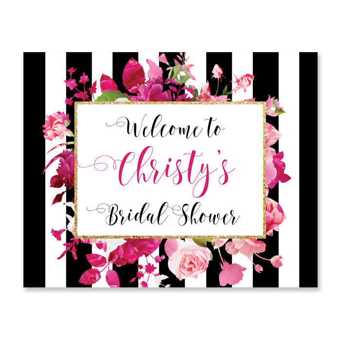 Black Stripes + Pink Roses Bridal Shower Welcome Sign
