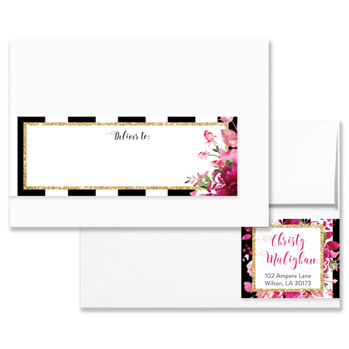 "Christy" Stripe + Pink Roses Envelope Wrap Address Labels
