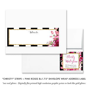 "Christy" Stripe + Pink Roses Envelope Wrap Address Labels