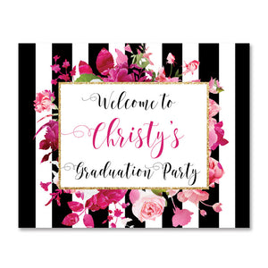 "Christy" Stripe + Pink Roses Graduation Party Sign
