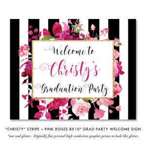 "Christy" Stripe + Pink Roses Graduation Party Invitation