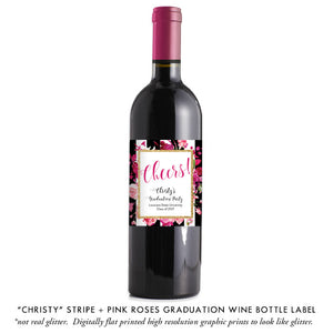 "Christy" Stripe + Pink Roses Graduation Party Invitation