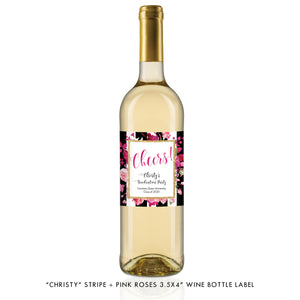 "Christy" Stripe + Pink Roses Graduation Wine Labels
