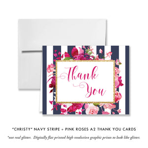 "Christy" Navy Stripe + Pink Roses Thank You Card