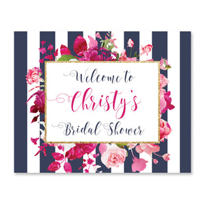 "Christy" Navy Stripes + Pink Roses Bridal Shower Welcome Sign