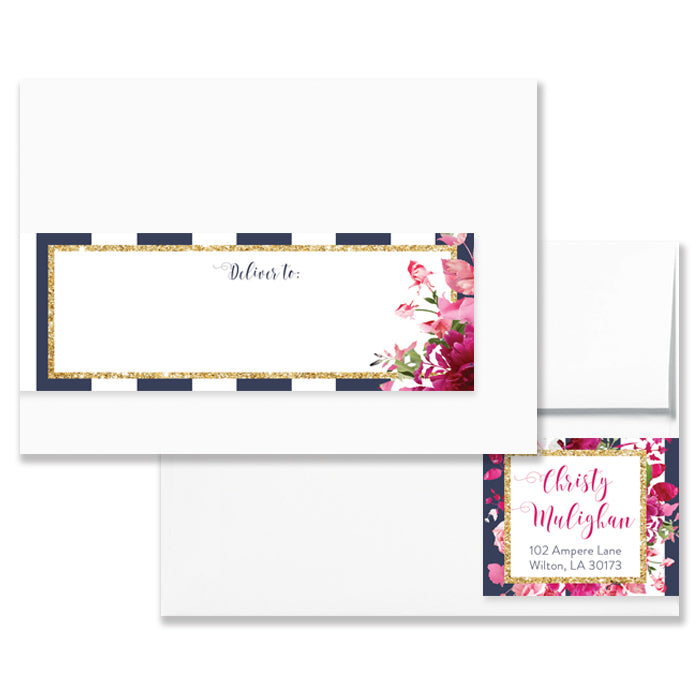 "Christy" Navy Stripe + Pink Roses Envelope Wrap Address Labels