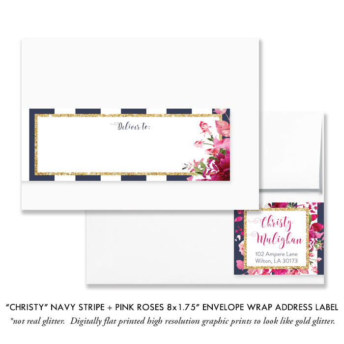 "Christy" Navy Stripe + Pink Roses Envelope Wrap Address Labels