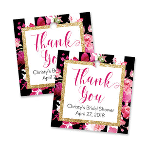 "Christy" Stripe + Pink Roses Bridal Shower Favor Tags