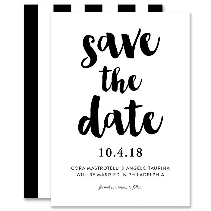 "Cora" Black + White Vertical Stripe Save The Date Card